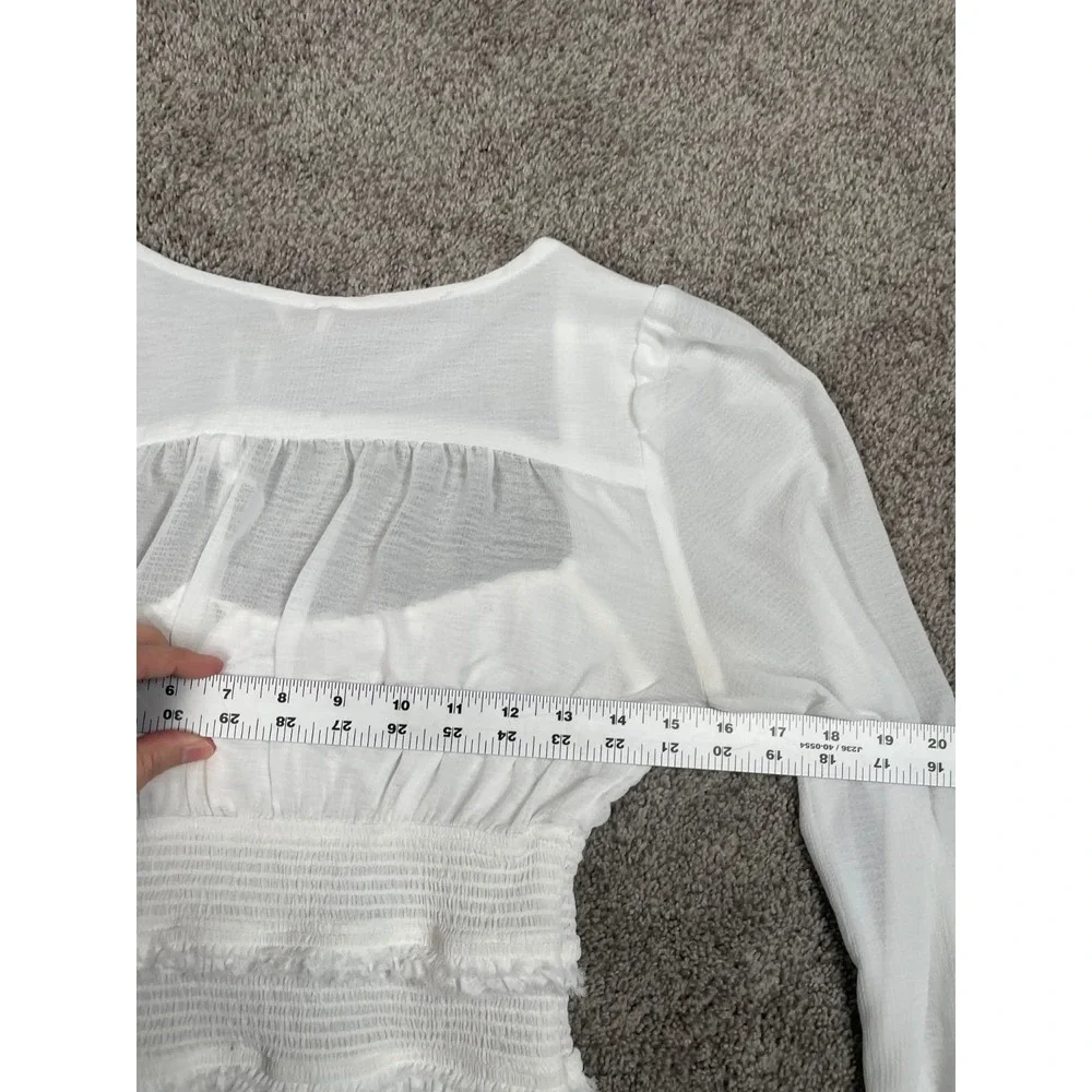 Free People Shirt Womens XS White Lolita Smocked Fringe Milkmaid Sheer Fairy Top